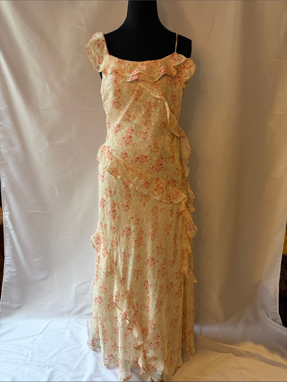 Storia Ethereal Floral Ruffle Maxi Dress in Cream and Pink Sz M
